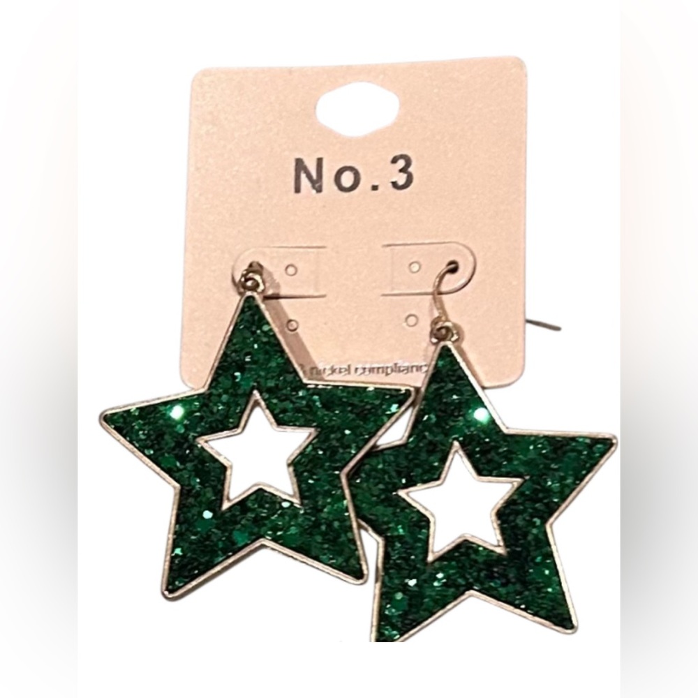 No.3 Green Glitter Star Earrings